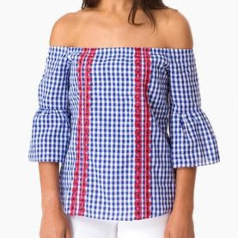Gingham Off The Shoulder Bell Sleeve Blouse